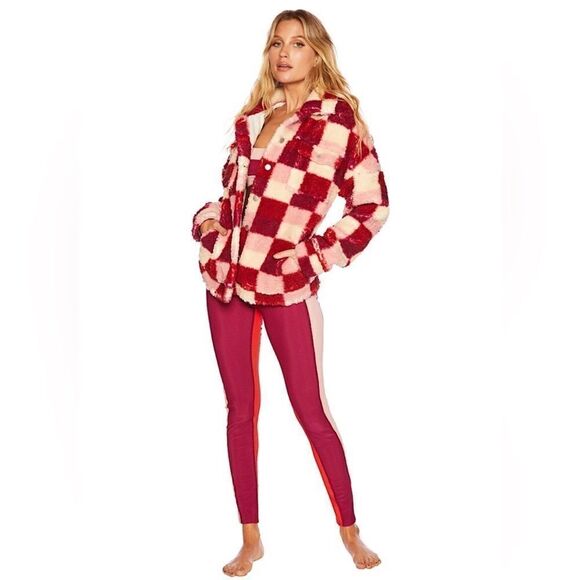 NWT Beach Riot Laurie Jacket Pink Berry Sangria Check Sherpa Button Up Sz M - Picture 1 of 11